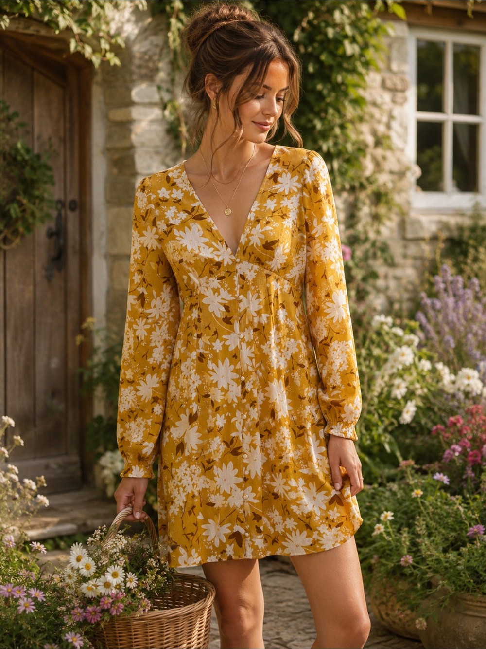 Billabong Mustard Yellow Floral Button Front Mini Dress XS Boho Long Sleeve